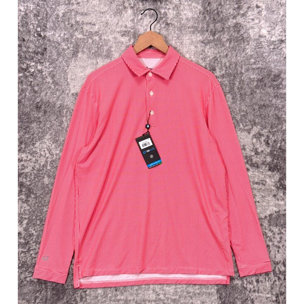 New Ibkul Polo Shirt Medium Mens Red Gingham Picnic Check Long Sleeve UPF 50
